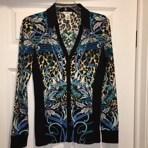 CACHÉ leopard print/ blue floral blouse